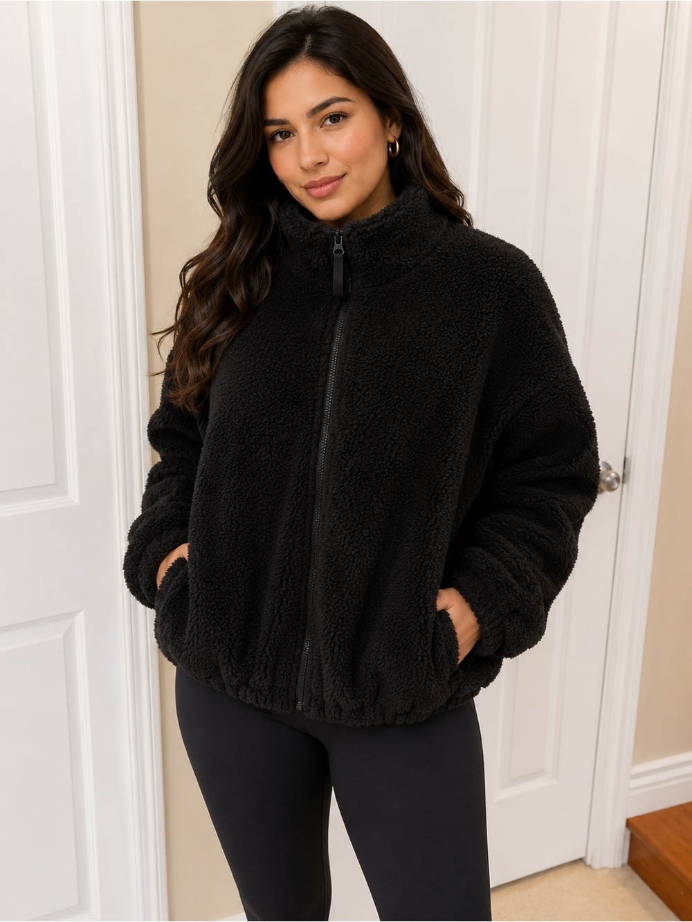 Zella Black Zip-Up Teddy Jacket Fleece Cozy Sherpa Plush oversized coat x large